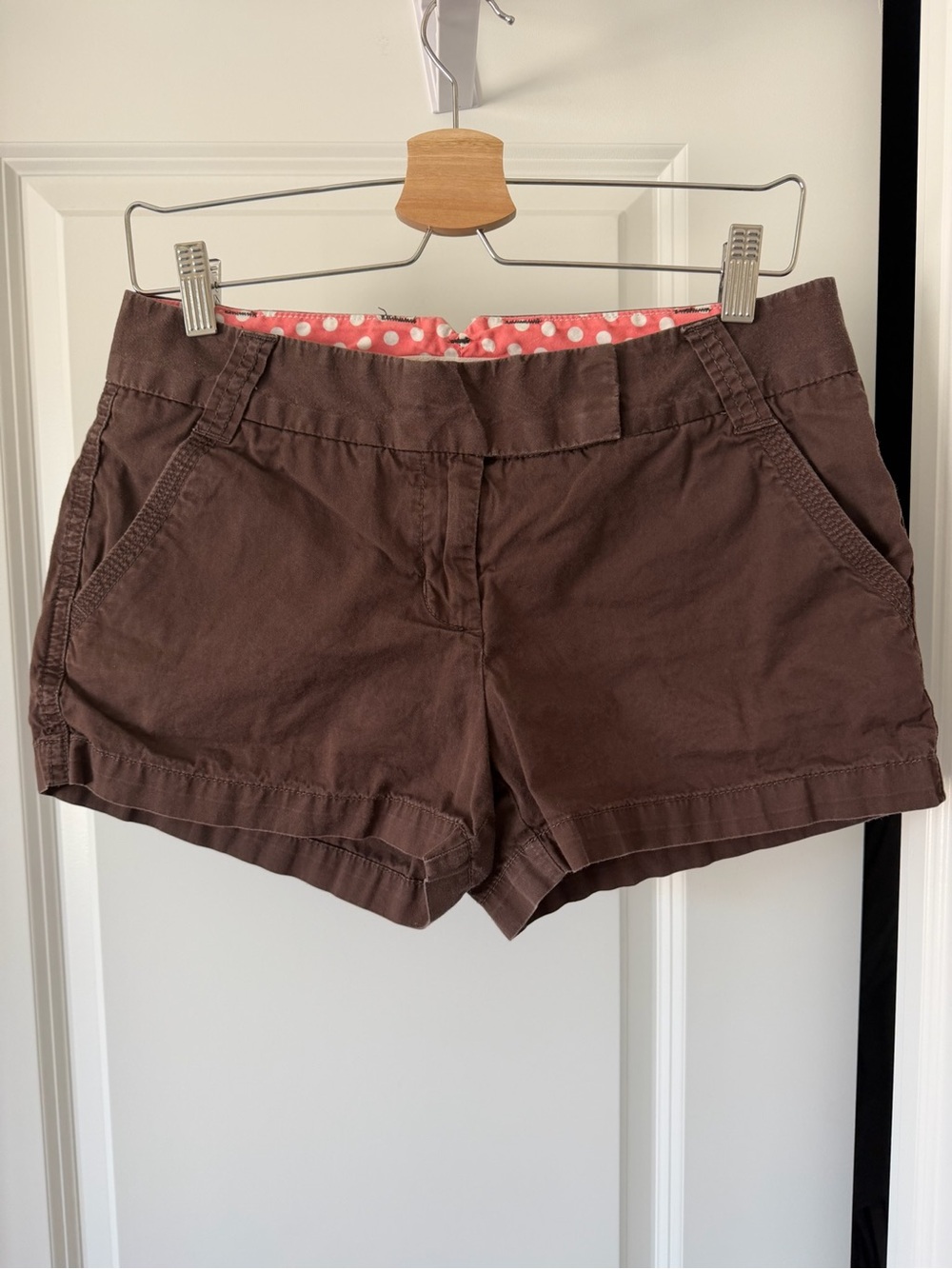 J. Crew Brown Cotton Shorts with Pink Polka Dot Waistband